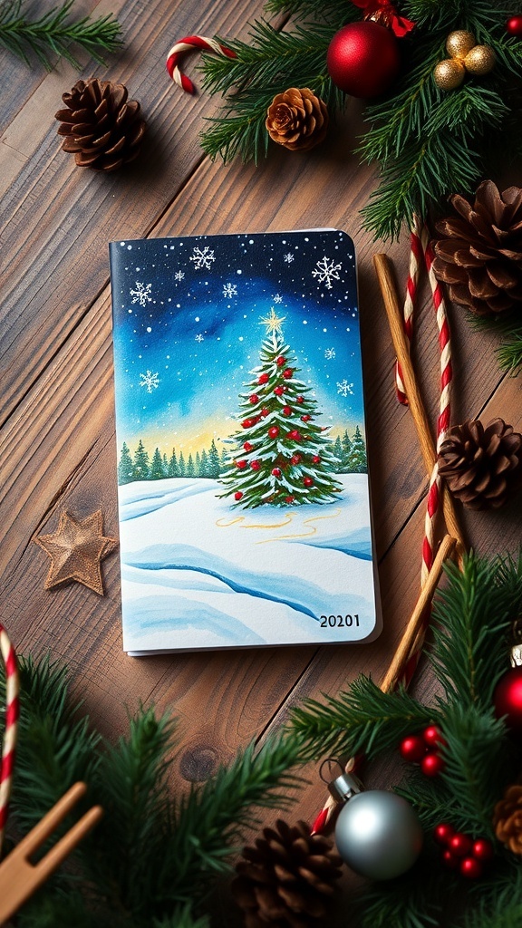 An artistic oil pastel Christmas card with a snowy scene and Christmas tree on a wooden table with holiday decorations.